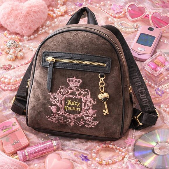 Juicy Couture Handbags - Juicy Couture Velour Backpack Brown Crest Logo Heart Key Charm NWT Y2K